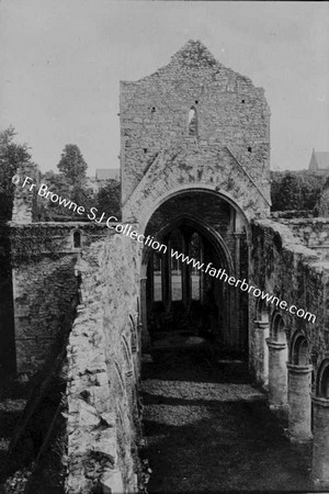 BOYLE ABBEY  CENTRAL TOWER AND FALLING NORTHWALL OF NAVE FROM TOP OF WEST GABLE